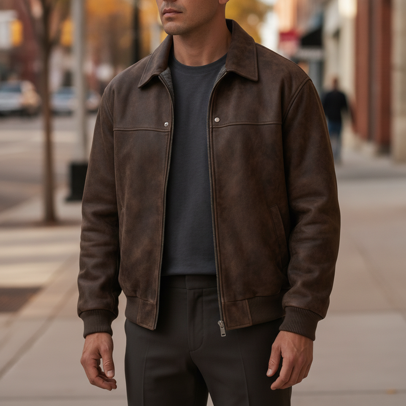 Men's relaxed fit smooth leather zip jacket, perfect for everyday wear, showcasing a stylish design and comfortable fit, ideal for casual outings and versatile styling. 4