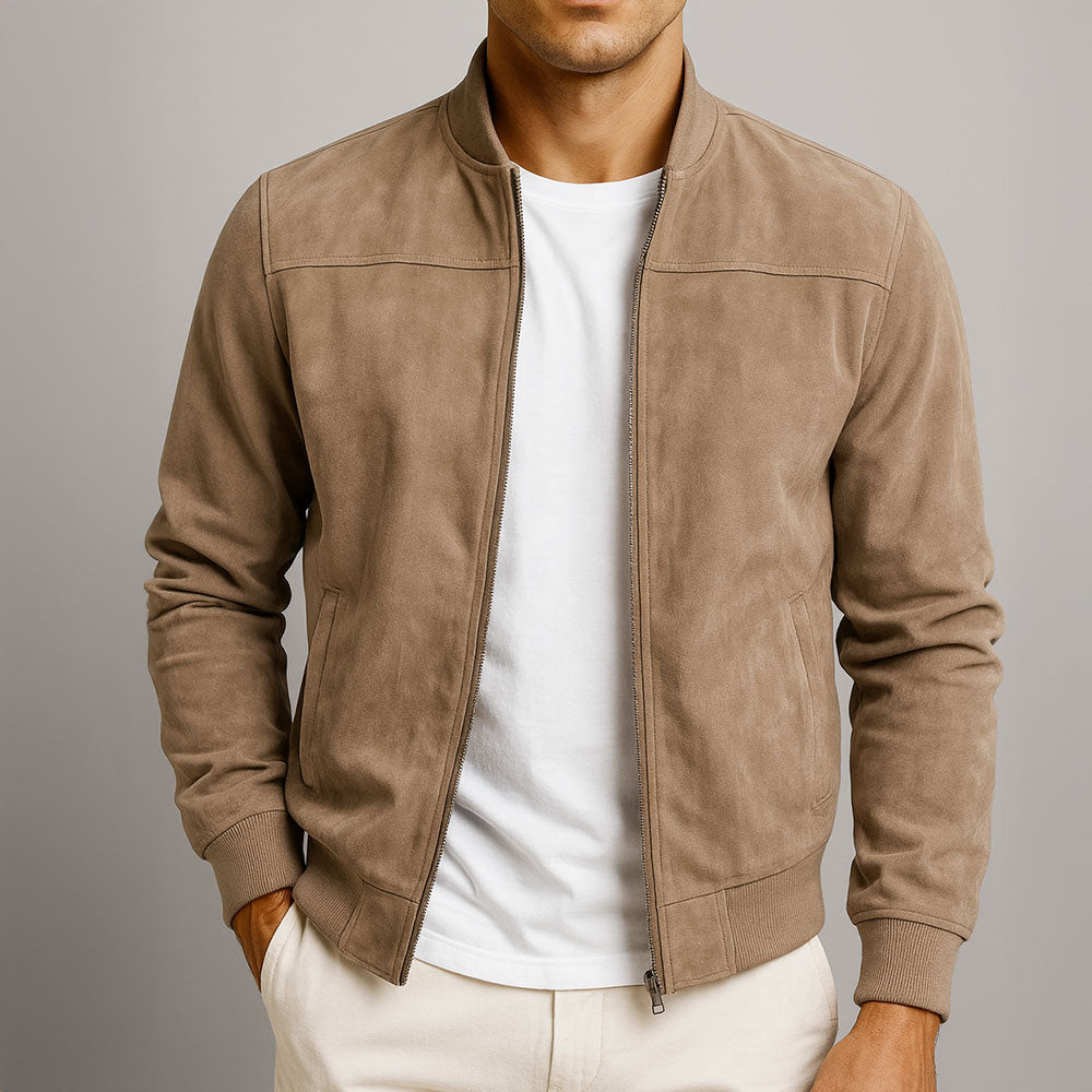 Men's relaxed fit suede jacket featuring durable zippers, ideal for stylish comfort and versatility in any wardrobe. 0