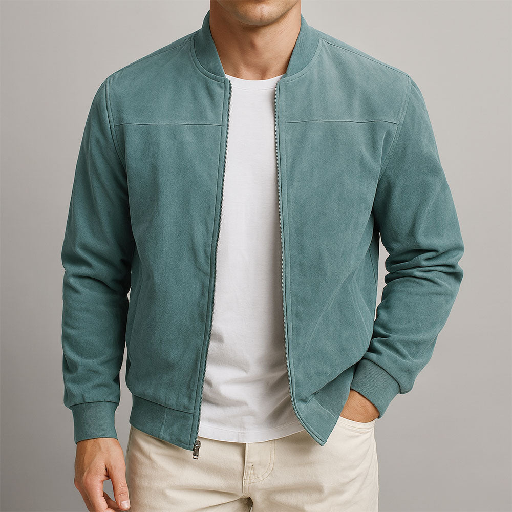 Men's relaxed fit suede jacket featuring durable zippers, ideal for stylish comfort and versatility in any wardrobe. 1