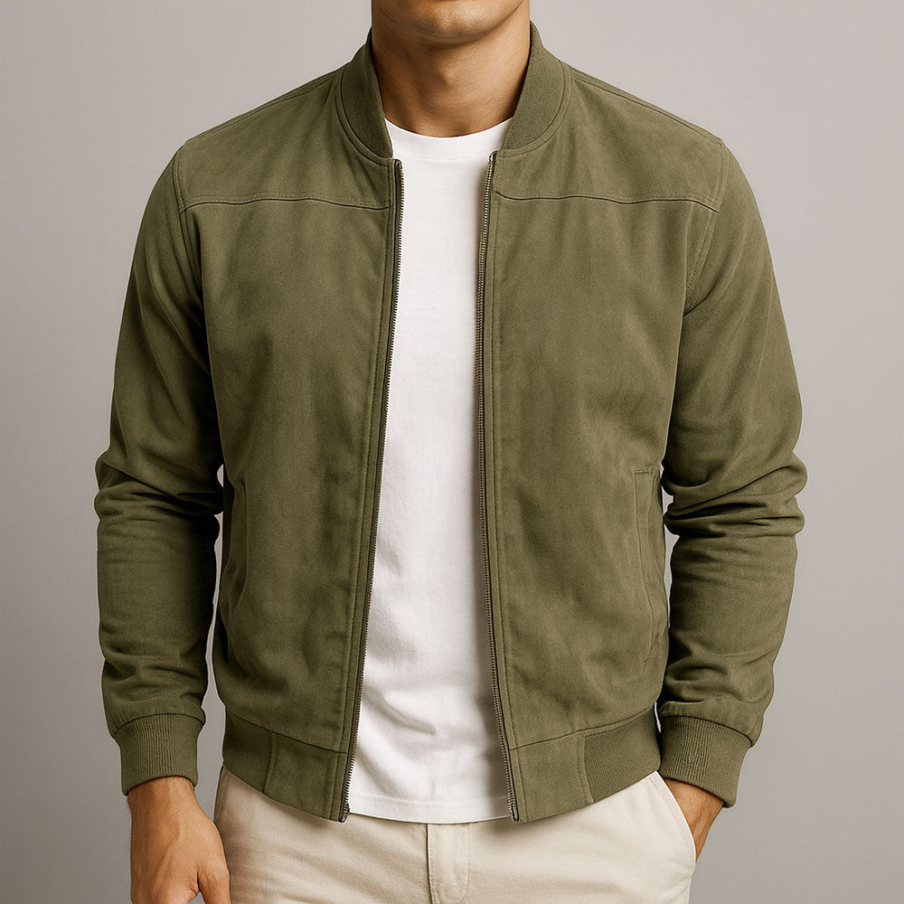 Men's relaxed fit suede jacket featuring durable zippers, ideal for stylish comfort and versatility in any wardrobe. 2