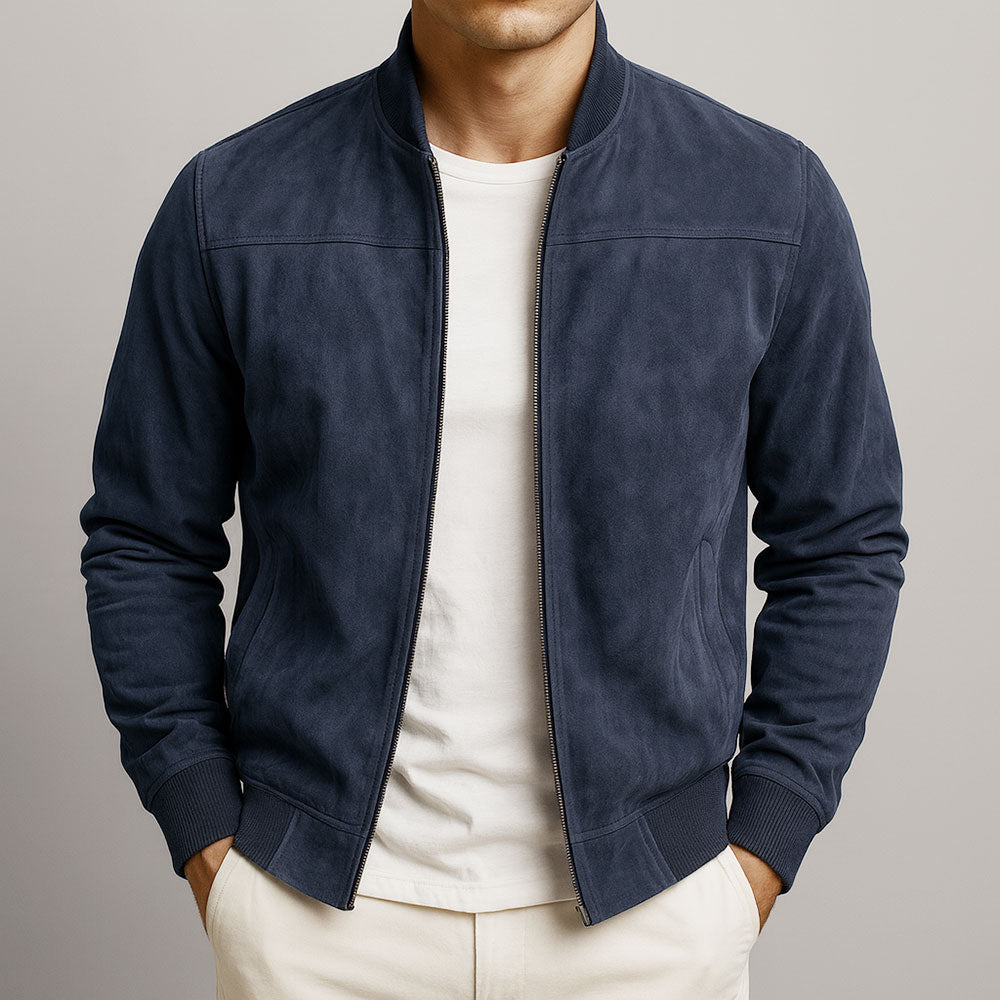 Men's relaxed fit suede jacket featuring durable zippers, ideal for stylish comfort and versatility in any wardrobe. 3