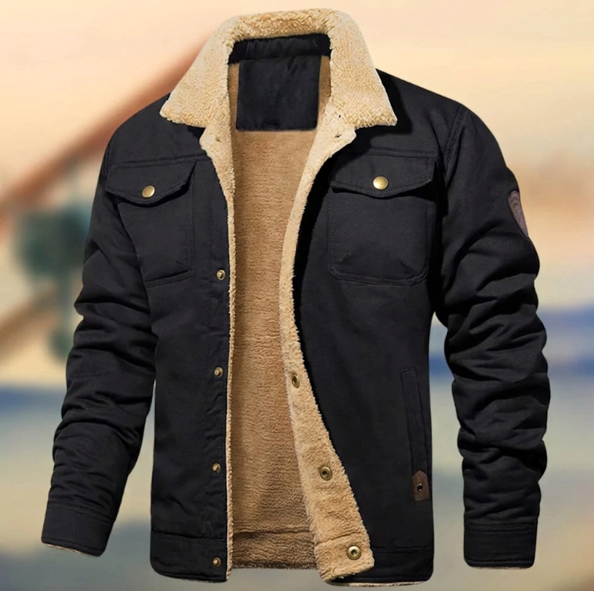 Men's Sherpa-lined button-up jacket featuring chest pockets, perfect for stylish winter wear and warmth. 1