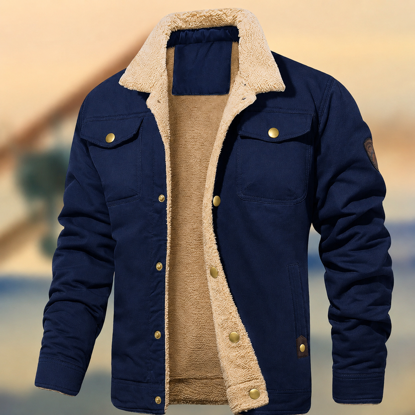 Men's Sherpa-lined button-up jacket featuring chest pockets, perfect for stylish winter wear and warmth. 2