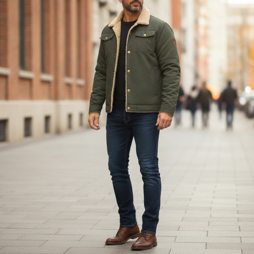 Men's Sherpa-lined button-up jacket featuring chest pockets, perfect for stylish winter wear and warmth. 5