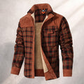 Men's Sherpa-lined plaid flannel jacket featuring corduroy details, perfect for warmth and style in colder weather. 0