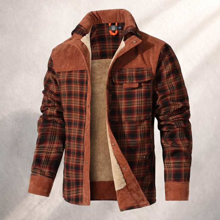 Men's Sherpa-lined plaid flannel jacket featuring corduroy details, perfect for warmth and style in colder weather. 0