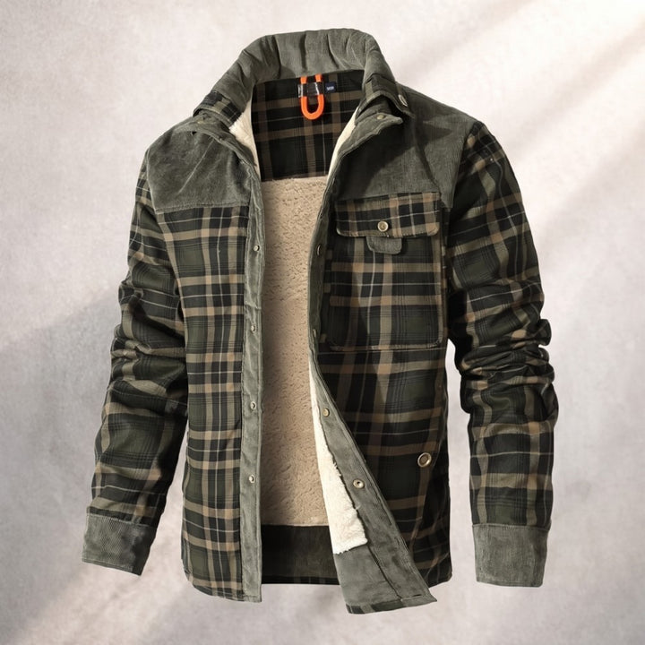 Men's Sherpa-lined plaid flannel jacket featuring corduroy details, perfect for warmth and style in colder weather. 1