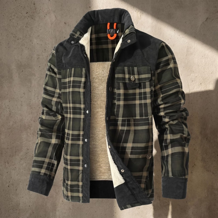 Men's Sherpa-lined plaid flannel jacket featuring corduroy details, perfect for warmth and style in colder weather. 2