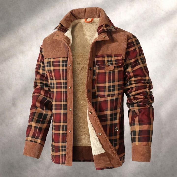 Men's Sherpa-lined plaid flannel jacket featuring corduroy details, perfect for warmth and style in colder weather. 3