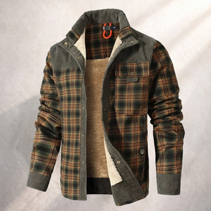 Men's Sherpa-lined plaid flannel jacket featuring corduroy details, perfect for warmth and style in colder weather. 4