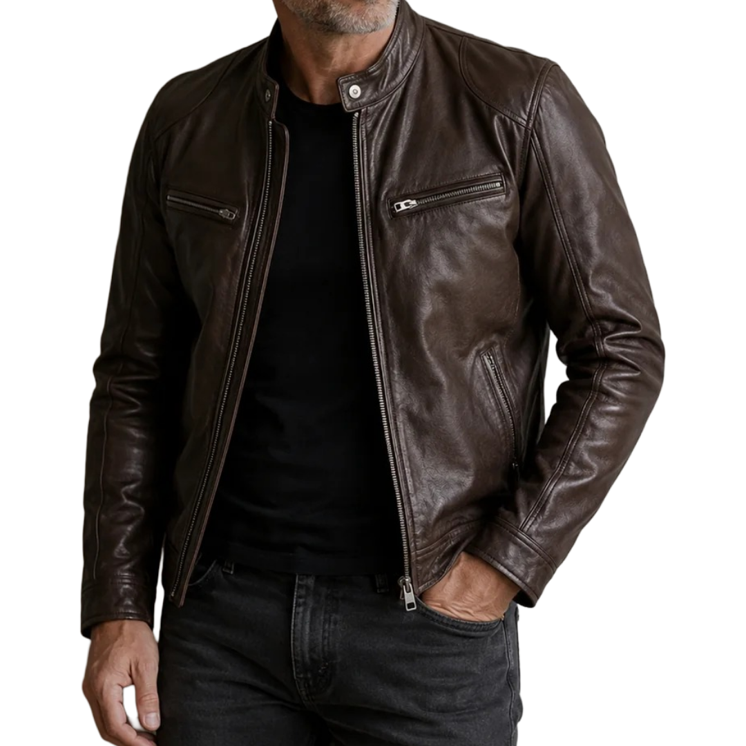 Men's slim fit leather jacket featuring stylish zippered pockets, perfect for everyday wear and versatile fashion. 0