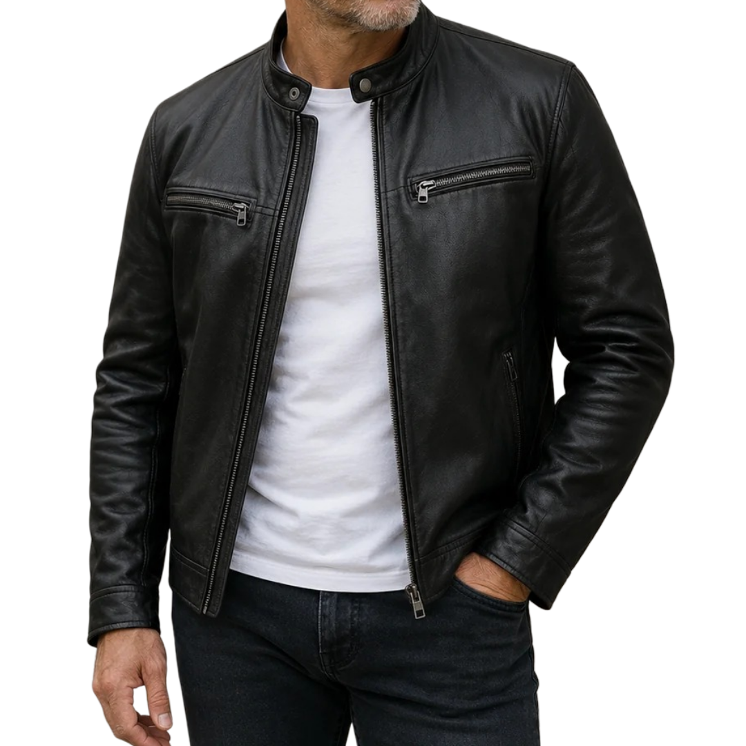 Men's slim fit leather jacket featuring stylish zippered pockets, perfect for everyday wear and versatile fashion. 1