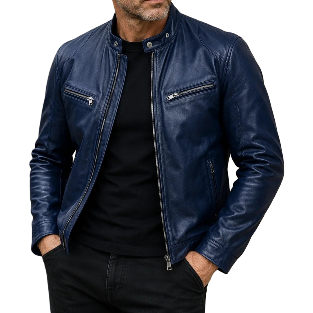 Men's slim fit leather jacket featuring stylish zippered pockets, perfect for everyday wear and versatile fashion. 2