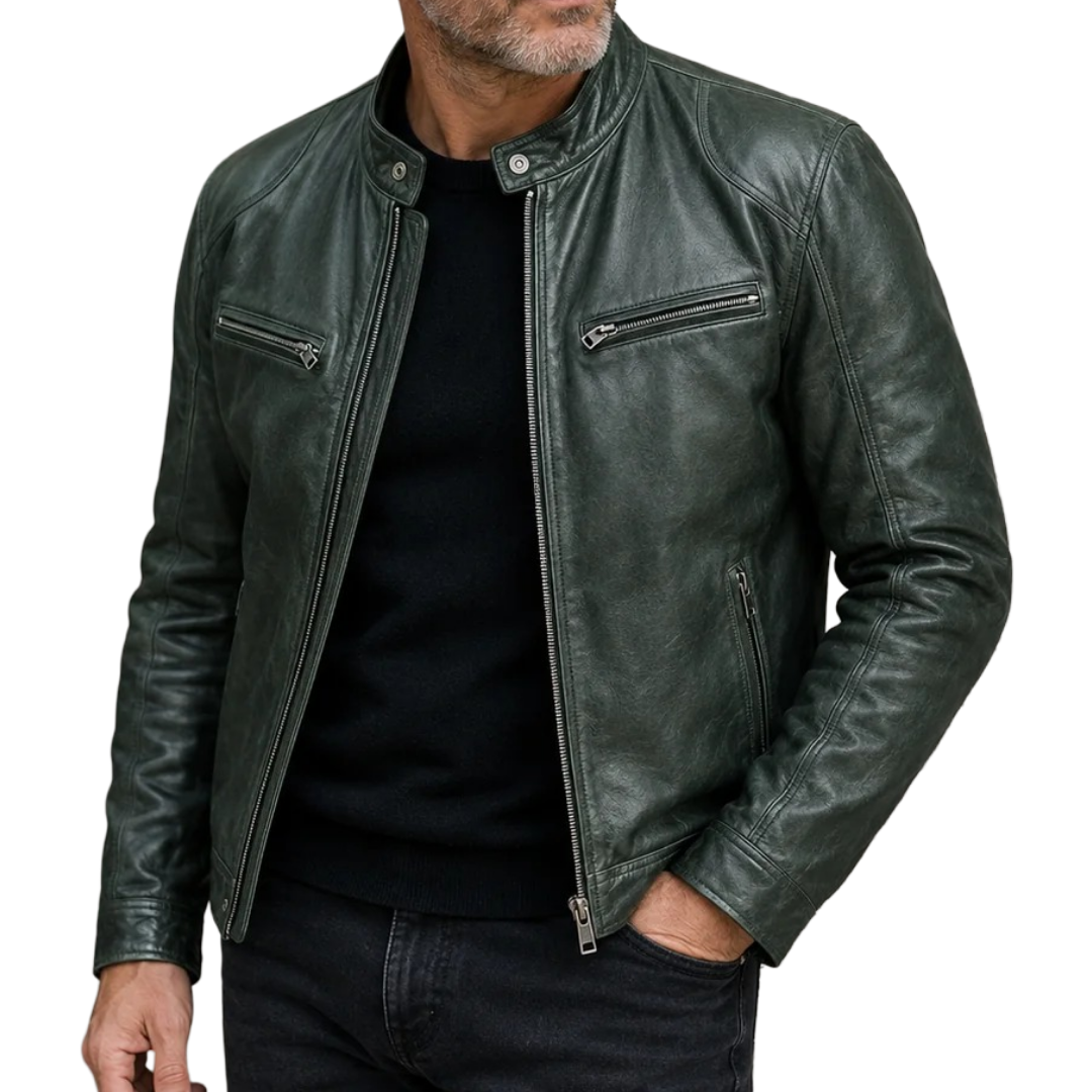 Men's slim fit leather jacket featuring stylish zippered pockets, perfect for everyday wear and versatile fashion. 3
