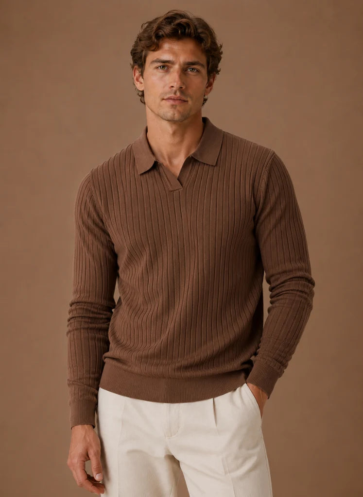 Men's Slim Fit Ribbed Knit Polo Sweater with Stretch Fabric 0