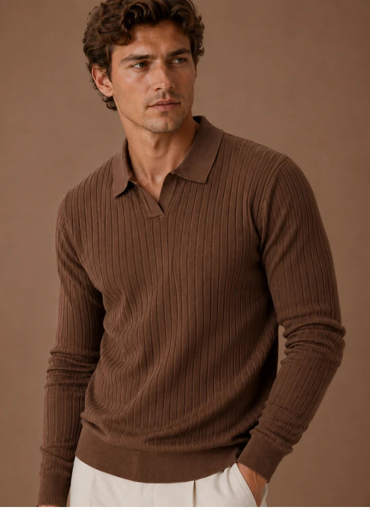 Men's Slim Fit Ribbed Knit Polo Sweater with Stretch Fabric 1