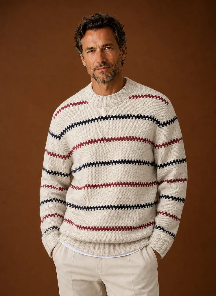 Men's Striped Knit Crewneck Sweater with Ribbed Details 0
