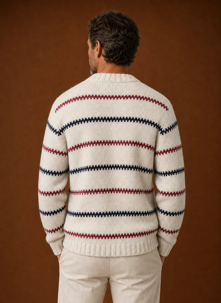 Men's Striped Knit Crewneck Sweater with Ribbed Details 2