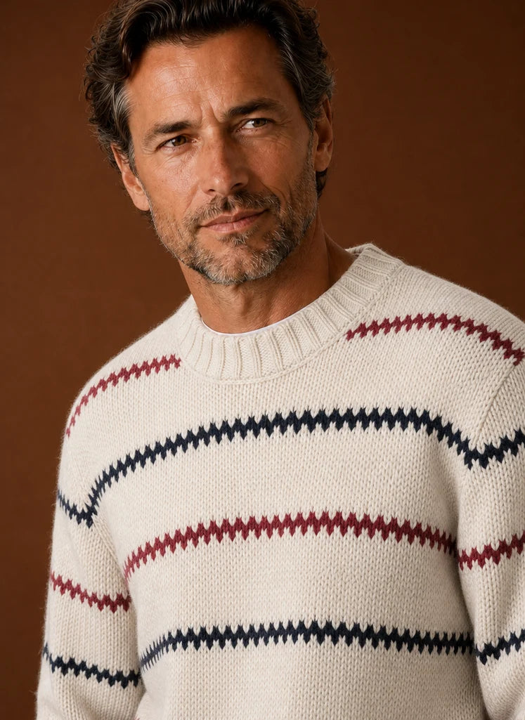 Men's Striped Knit Crewneck Sweater with Ribbed Details 3
