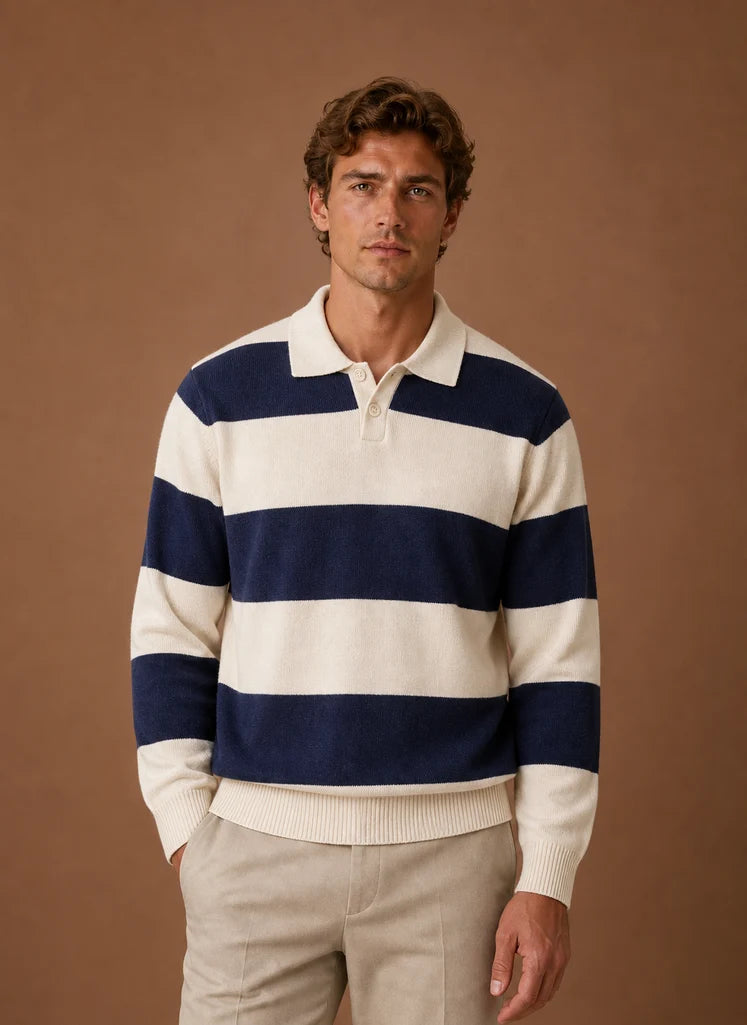 Men's Striped Knit Polo Sweater with Button Placket 0