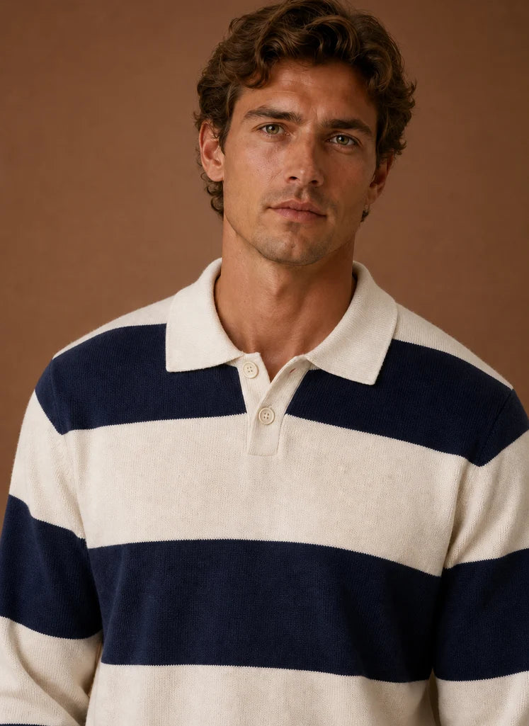 Men's Striped Knit Polo Sweater with Button Placket 3