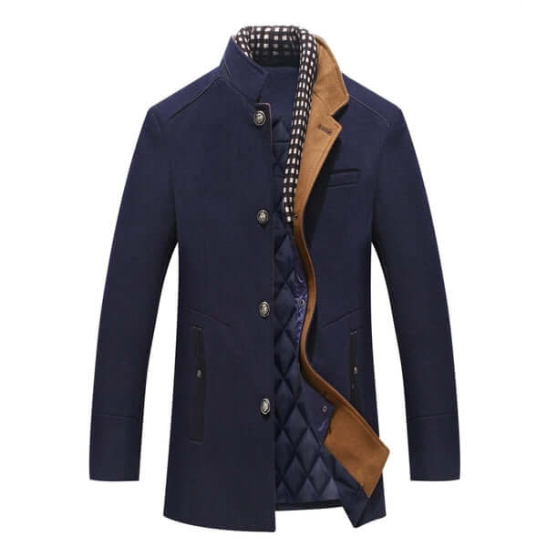 Men's structured double-breasted high-collar winter coat featuring a stylish design, warm fabric, and elegant silhouette, perfect for cold weather and formal 1