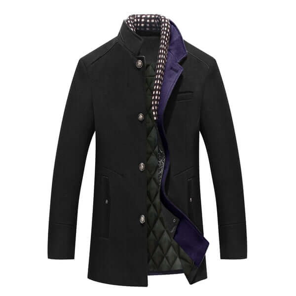 Men's structured double-breasted high-collar winter coat featuring a stylish design, warm fabric, and elegant silhouette, perfect for cold weather and formal 2