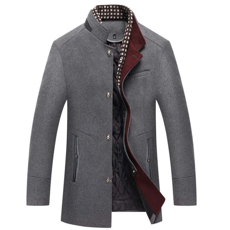 Men's structured double-breasted high-collar winter coat featuring a stylish design, warm fabric, and elegant silhouette, perfect for cold weather and formal 3