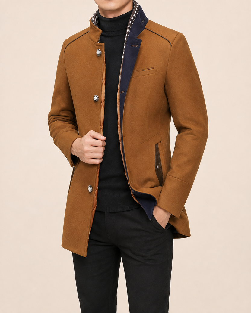 Men's structured double-breasted high-collar winter coat featuring a stylish design, warm fabric, and elegant silhouette, perfect for cold weather and formal 4