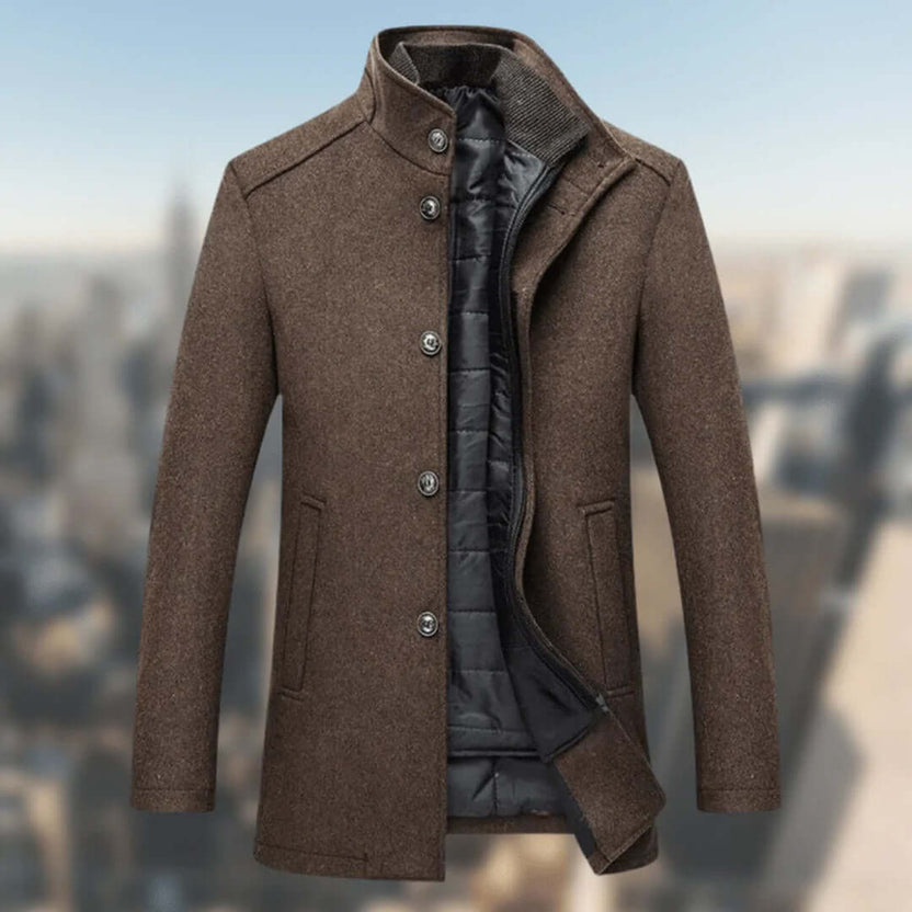 Men’s structured high-collar button-front winter jacket designed for warmth and style, featuring a sleek silhouette and durable fabric, perfect for cold weather outings. 0