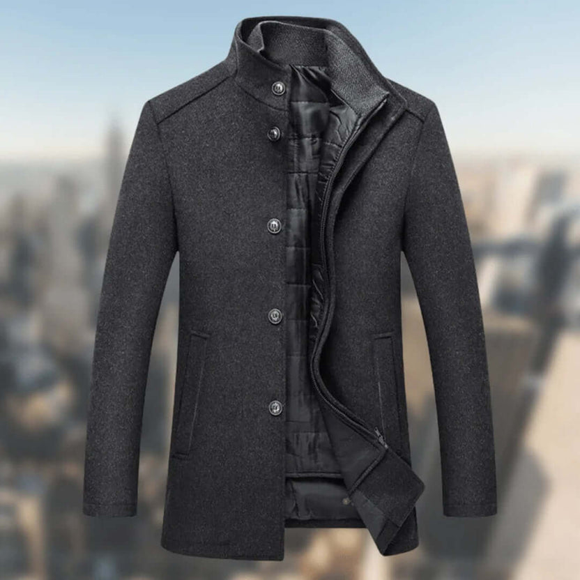 Men’s structured high-collar button-front winter jacket designed for warmth and style, featuring a sleek silhouette and durable fabric, perfect for cold weather outings. 1