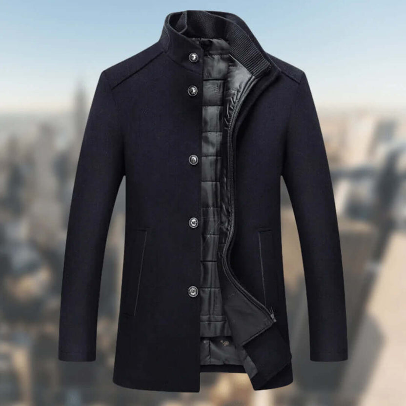 Men’s structured high-collar button-front winter jacket designed for warmth and style, featuring a sleek silhouette and durable fabric, perfect for cold weather outings. 2