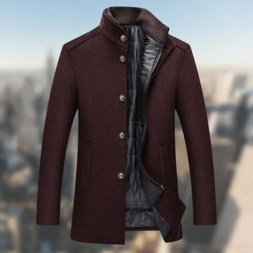 Men’s structured high-collar button-front winter jacket designed for warmth and style, featuring a sleek silhouette and durable fabric, perfect for cold weather outings. 3