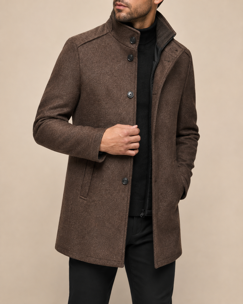 Men’s structured high-collar button-front winter jacket designed for warmth and style, featuring a sleek silhouette and durable fabric, perfect for cold weather outings. 4