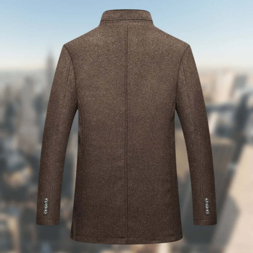 Men’s structured high-collar button-front winter jacket designed for warmth and style, featuring a sleek silhouette and durable fabric, perfect for cold weather outings. 6