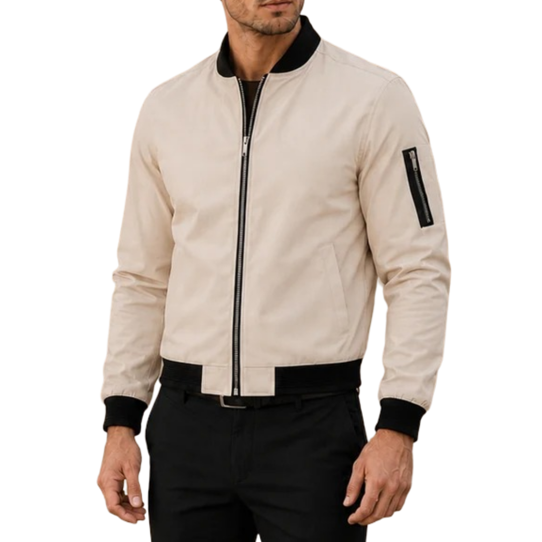 Men's two-tone bomber jacket featuring ribbed trim and zippered pockets, perfect for stylish layering in cool weather. 0