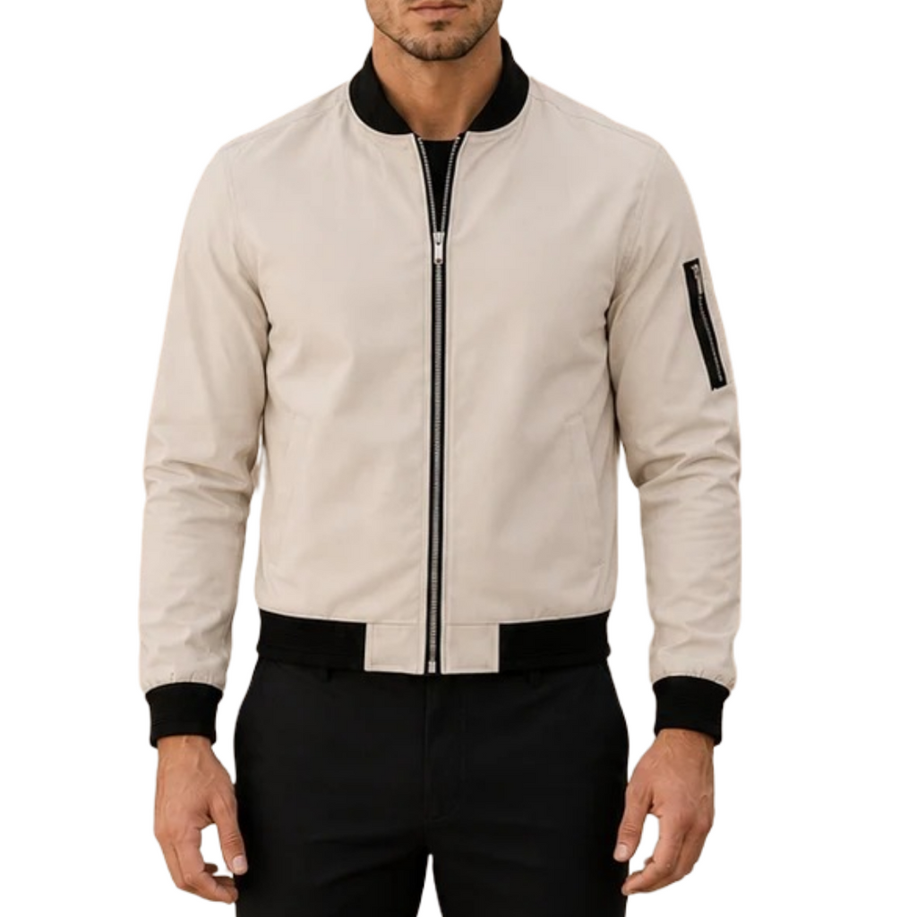 Men's two-tone bomber jacket featuring ribbed trim and zippered pockets, perfect for stylish layering in cool weather. 1