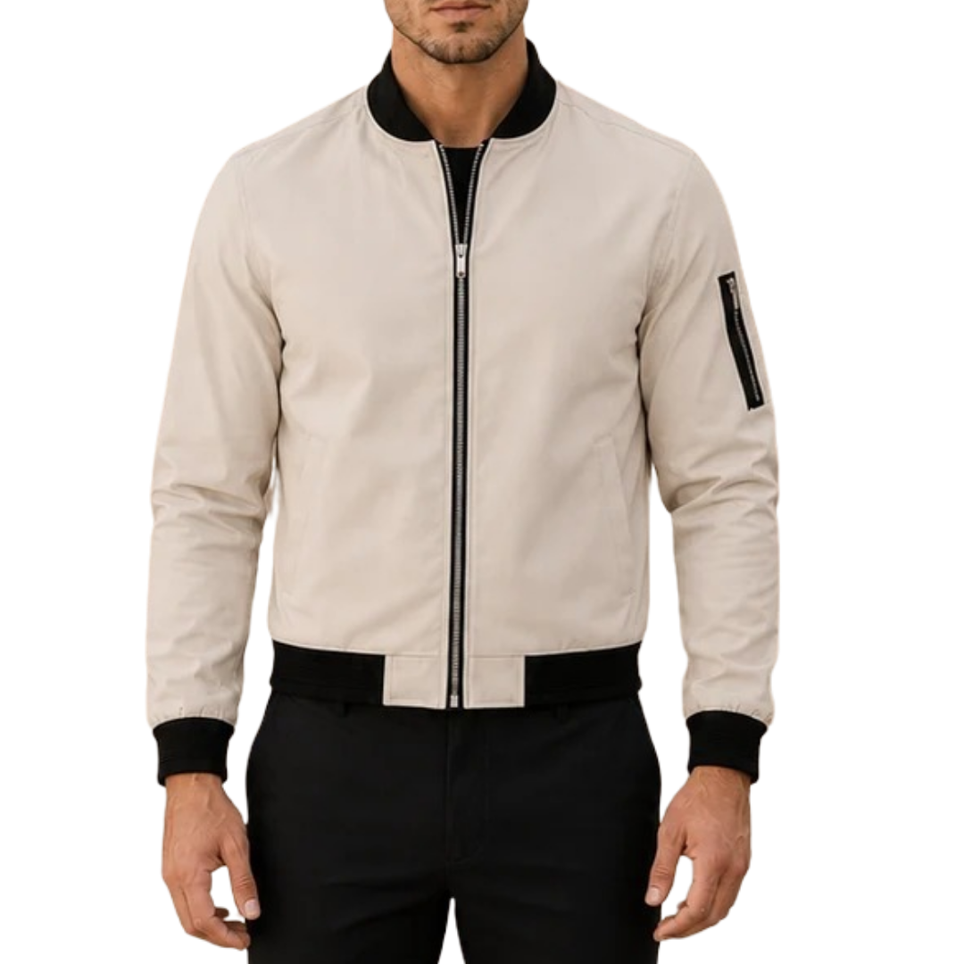 Men's two-tone bomber jacket featuring ribbed trim and zippered pockets, perfect for stylish layering in cool weather. 1