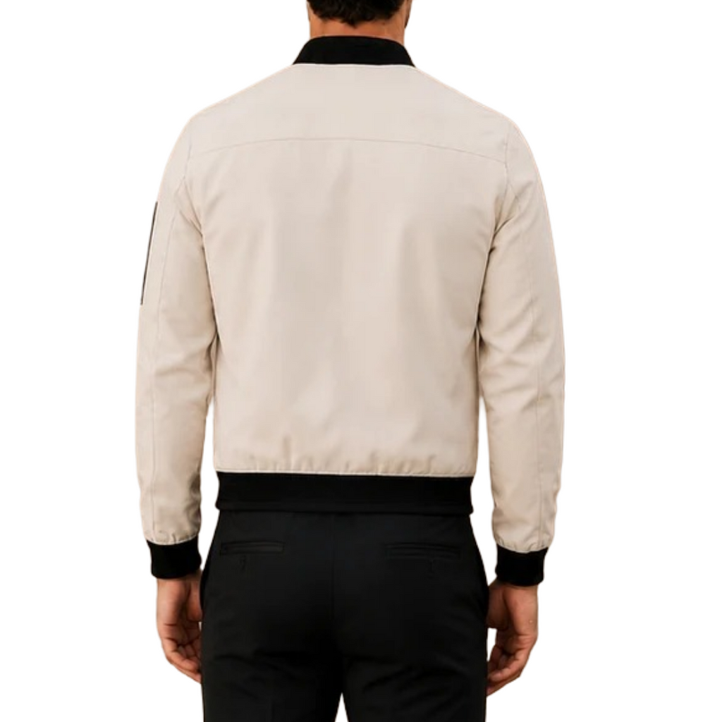 Men's two-tone bomber jacket featuring ribbed trim and zippered pockets, perfect for stylish layering in cool weather. 2