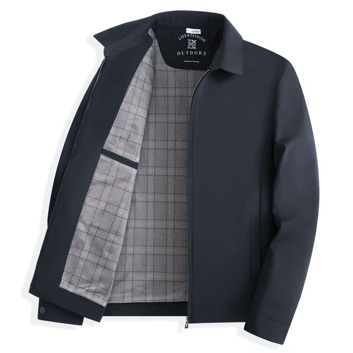Men's zip-front business jacket featuring a stylish plaid lining and classic lapel collar, perfect for professional and casual occasions. 0