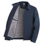 Men's zip-front business jacket featuring a stylish plaid lining and classic lapel collar, perfect for professional and casual occasions. 1