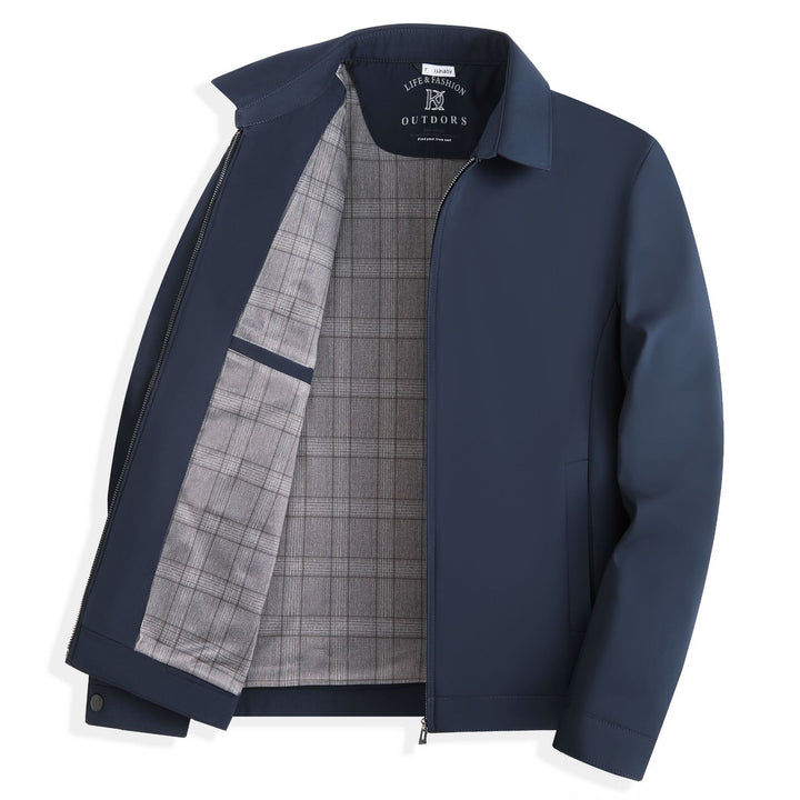 Men's zip-front business jacket featuring a stylish plaid lining and classic lapel collar, perfect for professional and casual occasions. 1