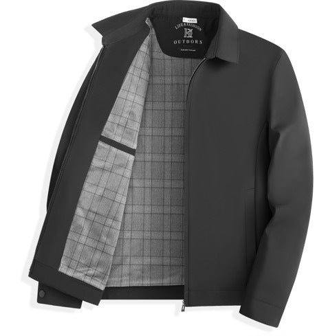 Men's zip-front business jacket featuring a stylish plaid lining and classic lapel collar, perfect for professional and casual occasions. 2