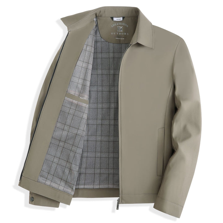 Men's zip-front business jacket featuring a stylish plaid lining and classic lapel collar, perfect for professional and casual occasions. 3