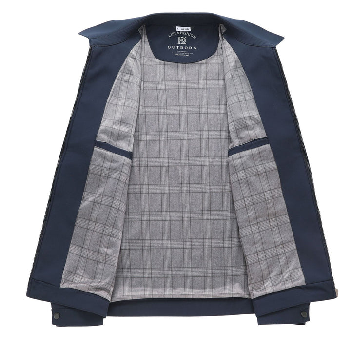 Men's zip-front business jacket featuring a stylish plaid lining and classic lapel collar, perfect for professional and casual occasions. 5