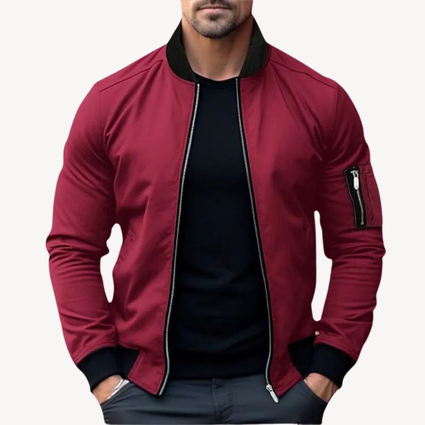 Men's zip-up bomber jacket featuring contrast details, designed for a stylish and modern look, perfect for casual outings and layered outfits. 0