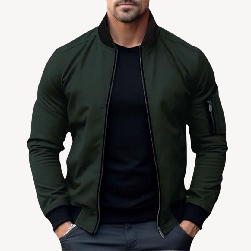 Men's zip-up bomber jacket featuring contrast details, designed for a stylish and modern look, perfect for casual outings and layered outfits. 1