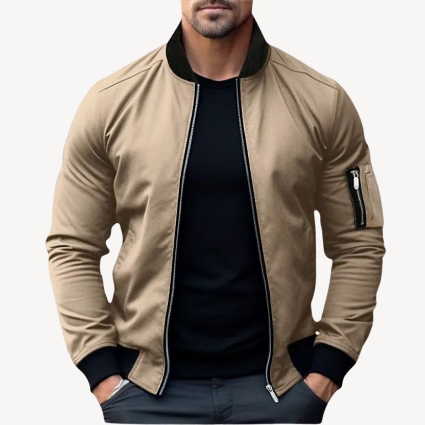 Men's zip-up bomber jacket featuring contrast details, designed for a stylish and modern look, perfect for casual outings and layered outfits. 2