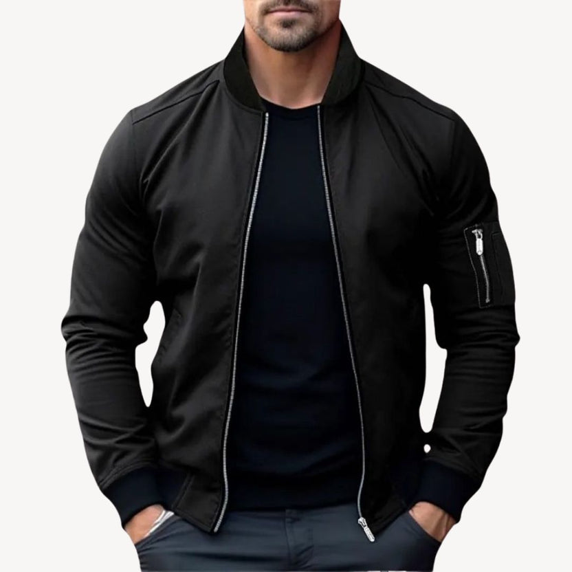 Men's zip-up bomber jacket featuring contrast details, designed for a stylish and modern look, perfect for casual outings and layered outfits. 3