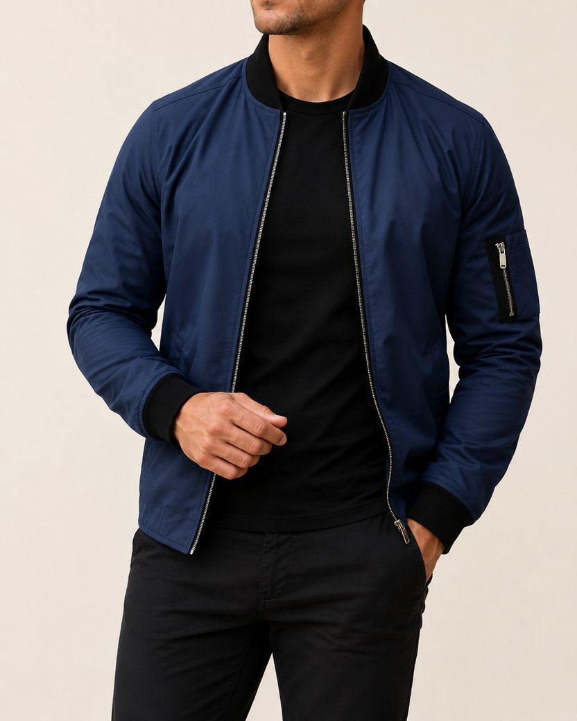 Men's zip-up bomber jacket featuring contrast details, designed for a stylish and modern look, perfect for casual outings and layered outfits. 4